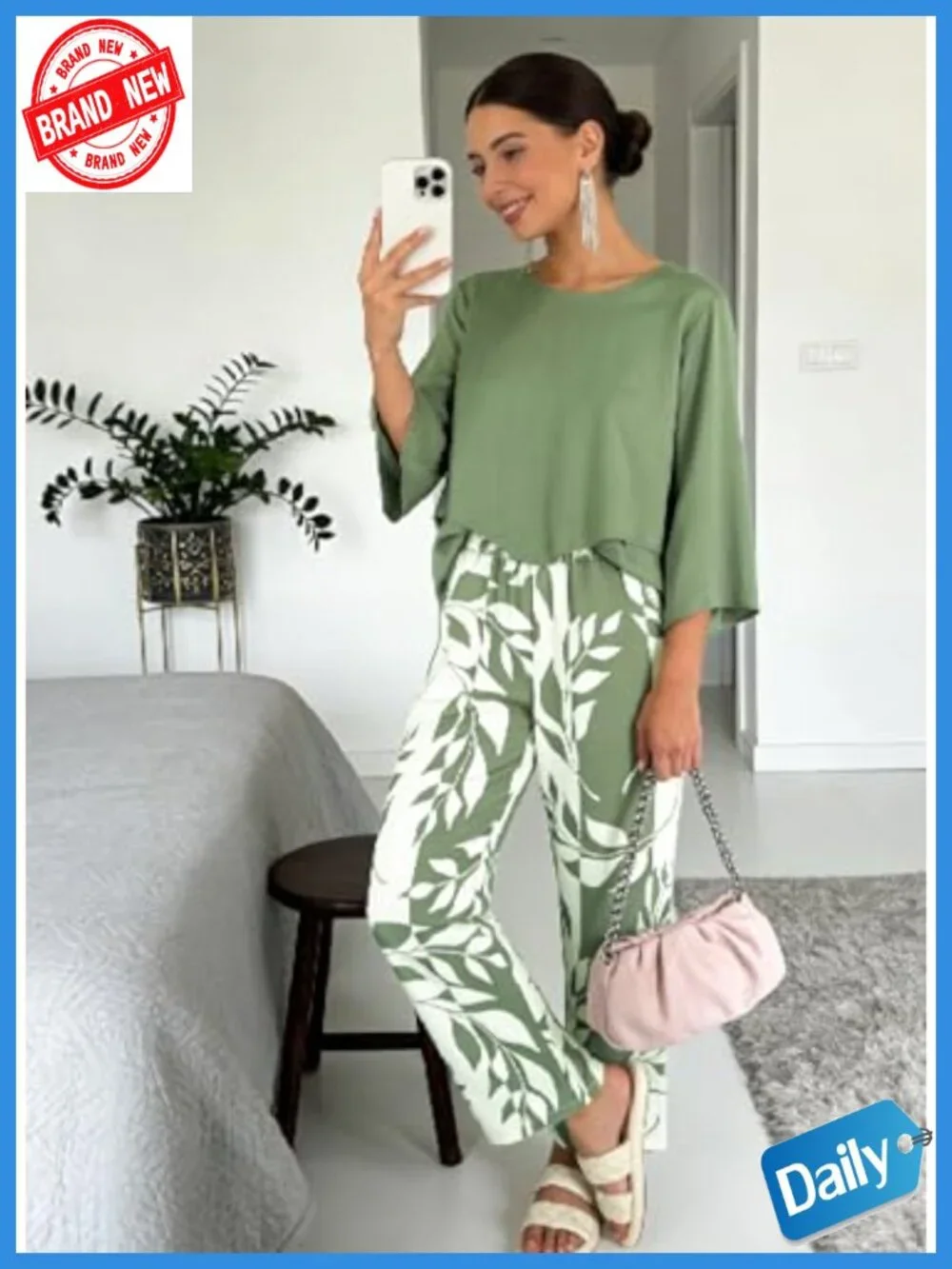Women's 3/4 Sleeve 2 Piece Lounge Set with Floral Pants